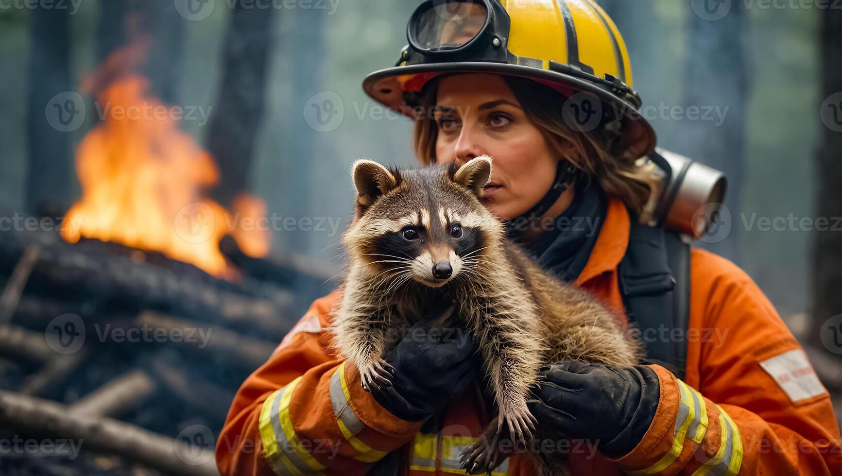 ai generato donna pompiere detiene un' salvato procione nel sua braccia foto