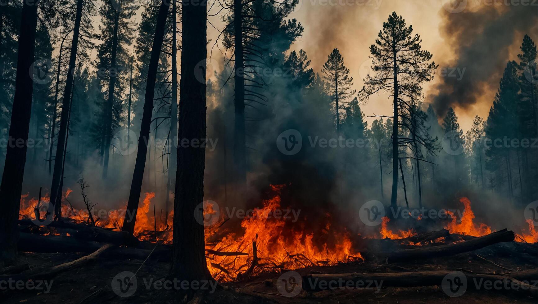 ai generato foresta fuoco, alberi nel Fumo, fiamma foto