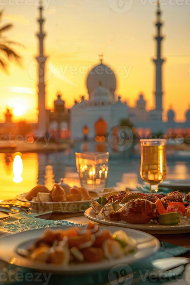 ai generato tramonto festa durante Ramadan a un' moschea, simboleggiante il rottura di il digiuno. foto