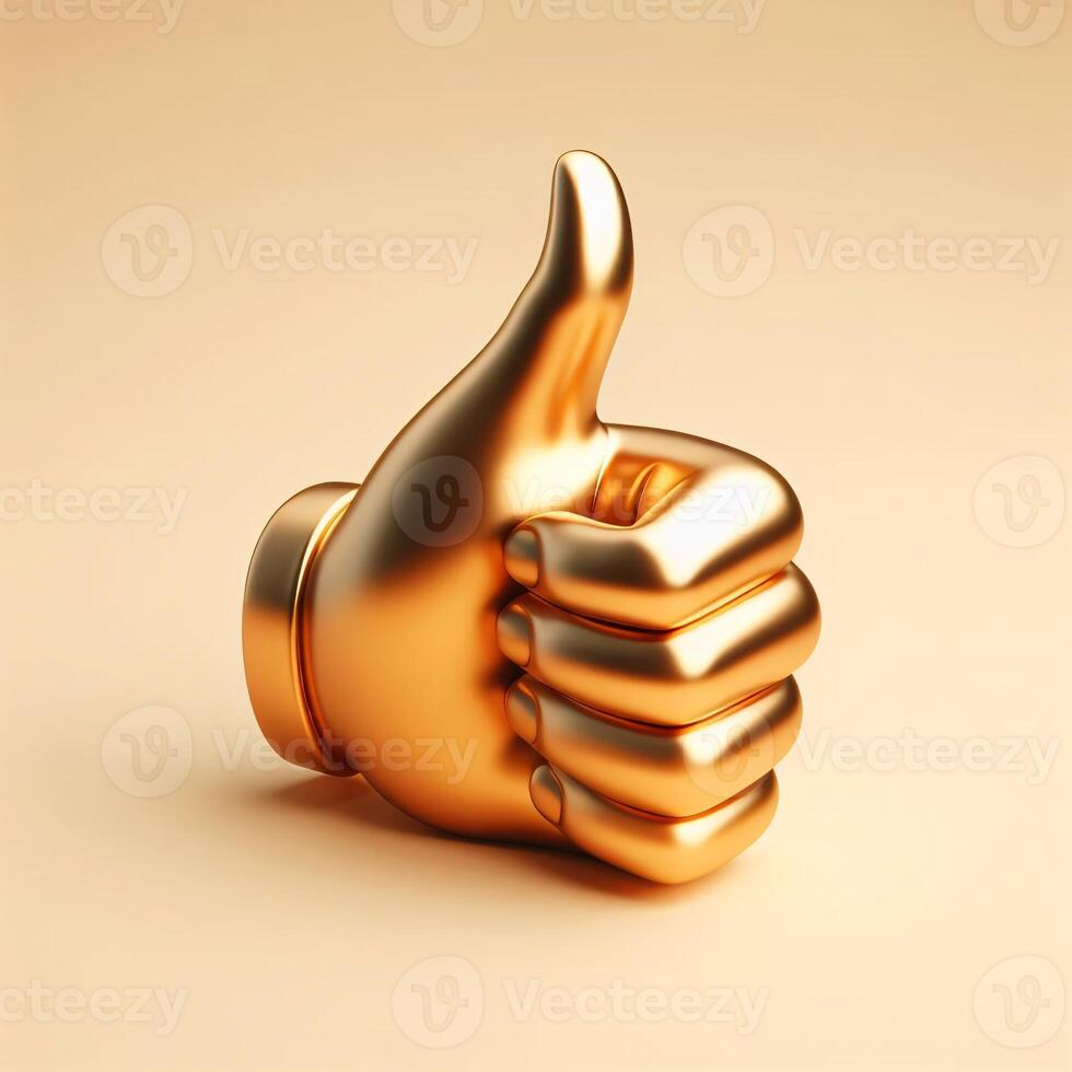 ai generato un' d'oro 3d pollice su mano simbolo, altamente dettagliato e realistico, impostato contro un' morbido beige sfondo foto