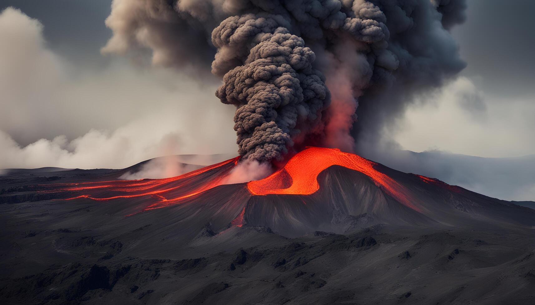 ai generato vulcano eruzione con lava e Fumo foto