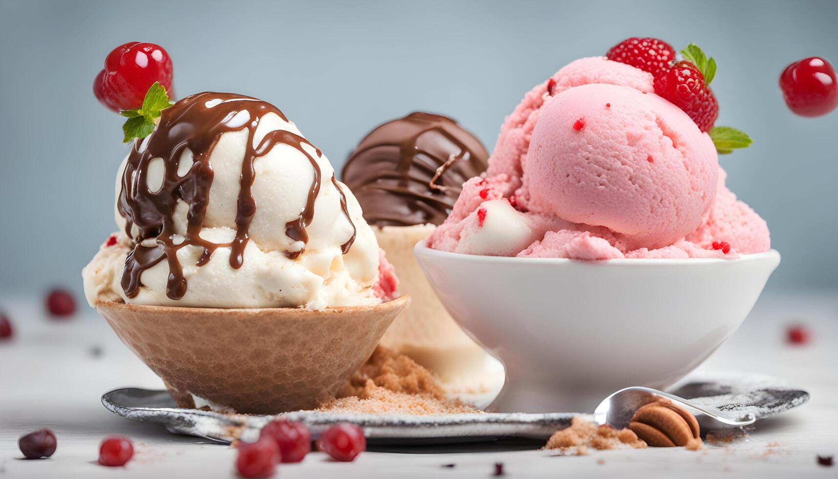 ai generato tre scoop di ghiaccio crema con cioccolato e ciliegie foto