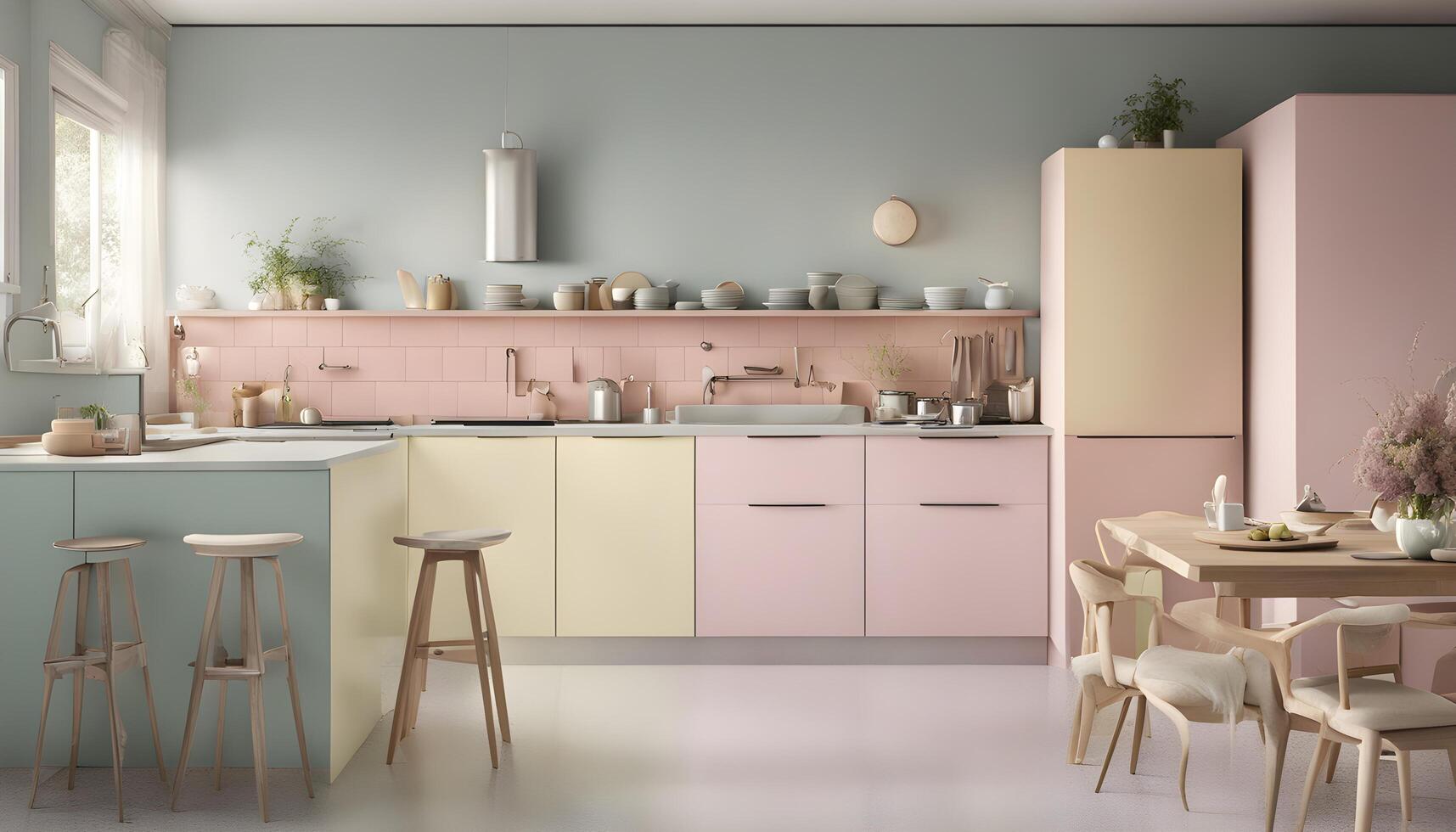 ai generato un' cucina con pastello colori e di legno mobilia foto