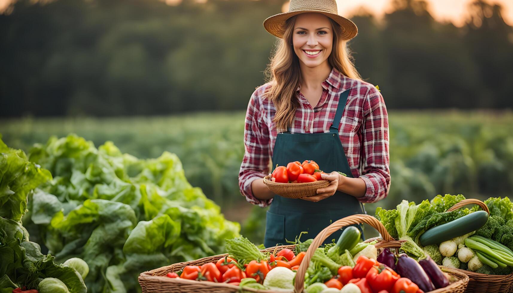 ai generato un' donna nel un grembiule e cappello Tenere un' cestino di verdure foto