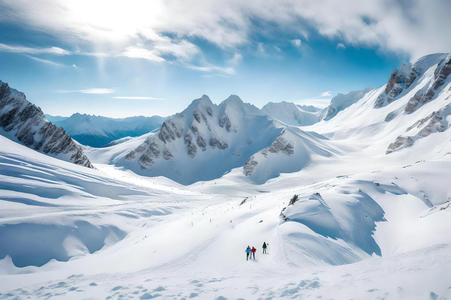 ai generato persone a piedi su un' nevoso montagna foto