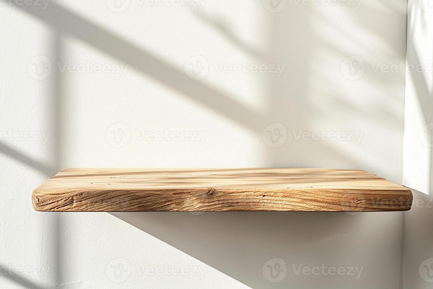 ai generato vuoto minimo naturale di legno tavolo contatore podio con bellissimo legna grano nel luce del sole e ombra su bianca parete per lusso cosmetico cura della pelle bellezza trattamento decorazione sfondo foto