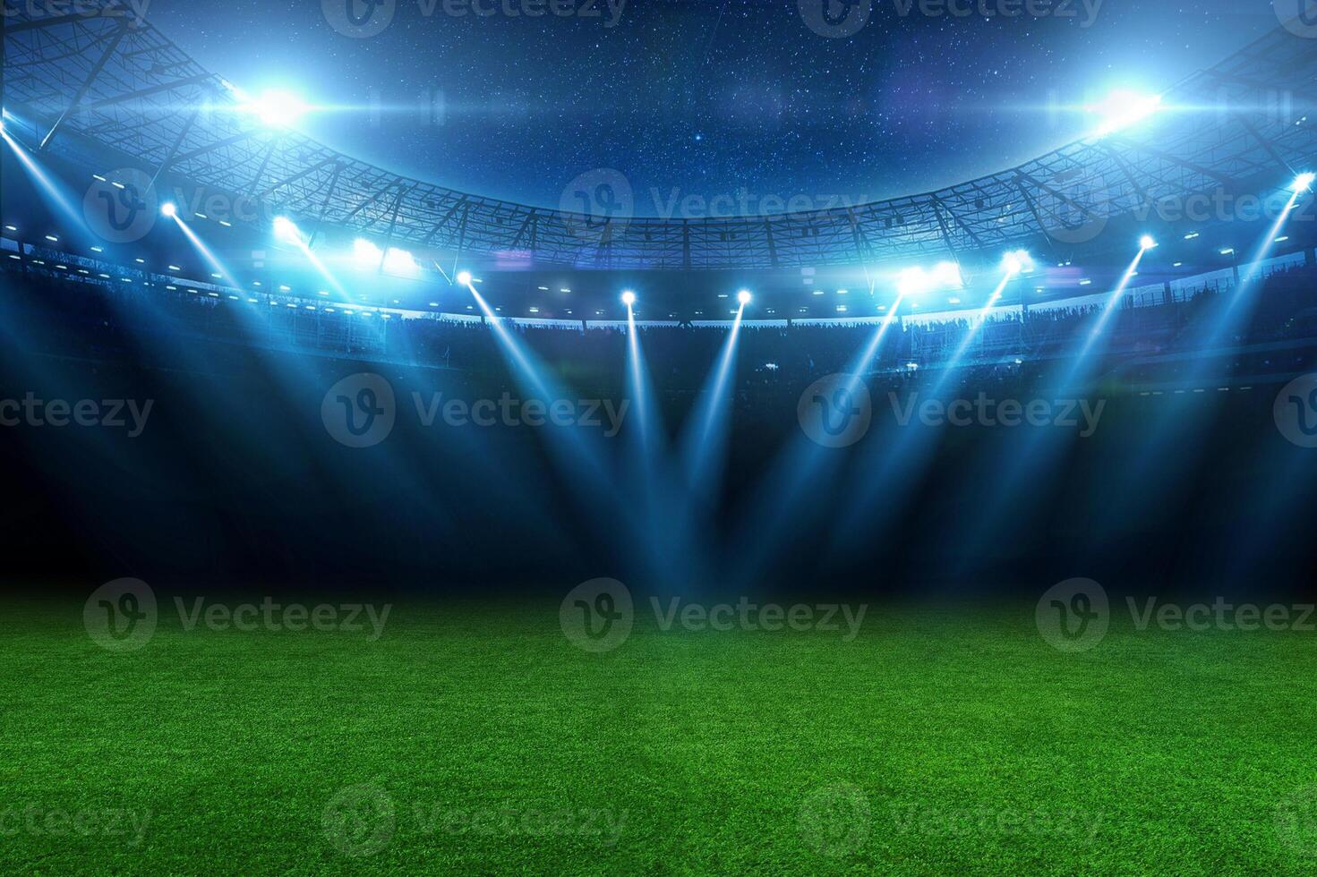 bellissimo gli sport stadio con un' verde erba campo brilla con blu faretti a notte con stelle. gli sport torneo, mondo campionato foto