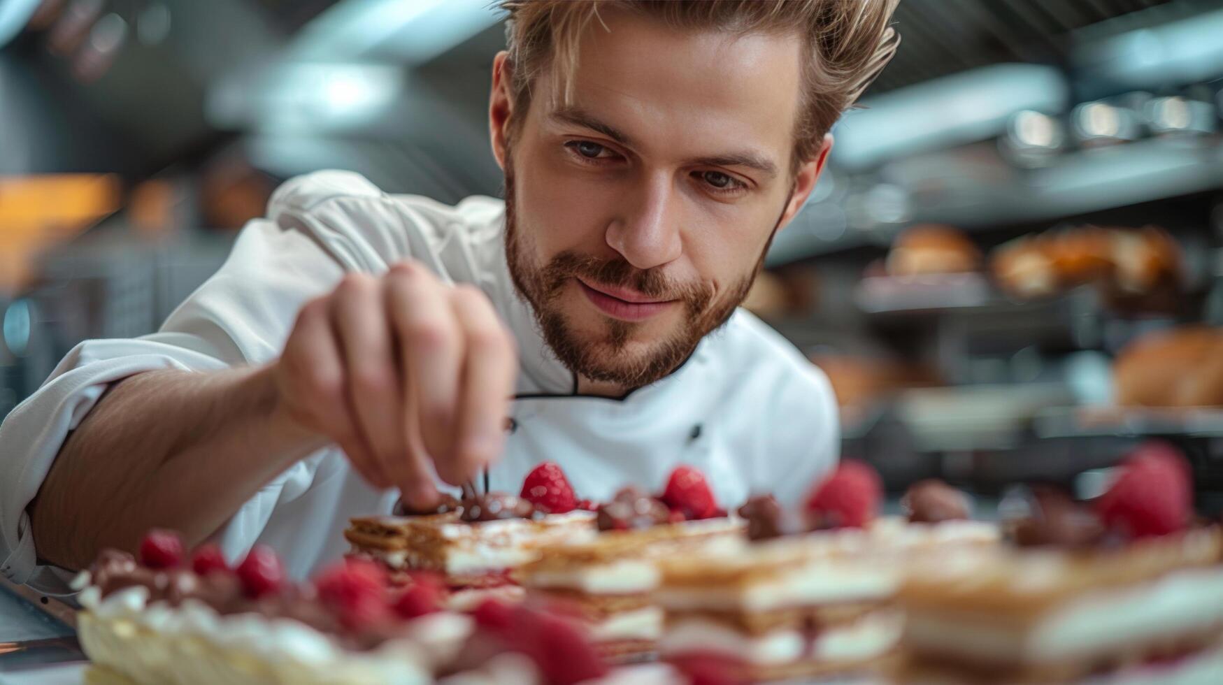 ai generato capocuoco taglio torta con lamponi foto