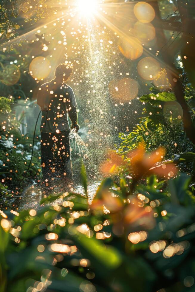 ai generato persona irrigazione impianti nel giardino foto