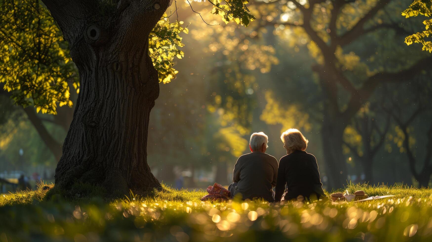 ai generato un anziano coppia seduta su il erba sotto il ombra di un' grande albero foto