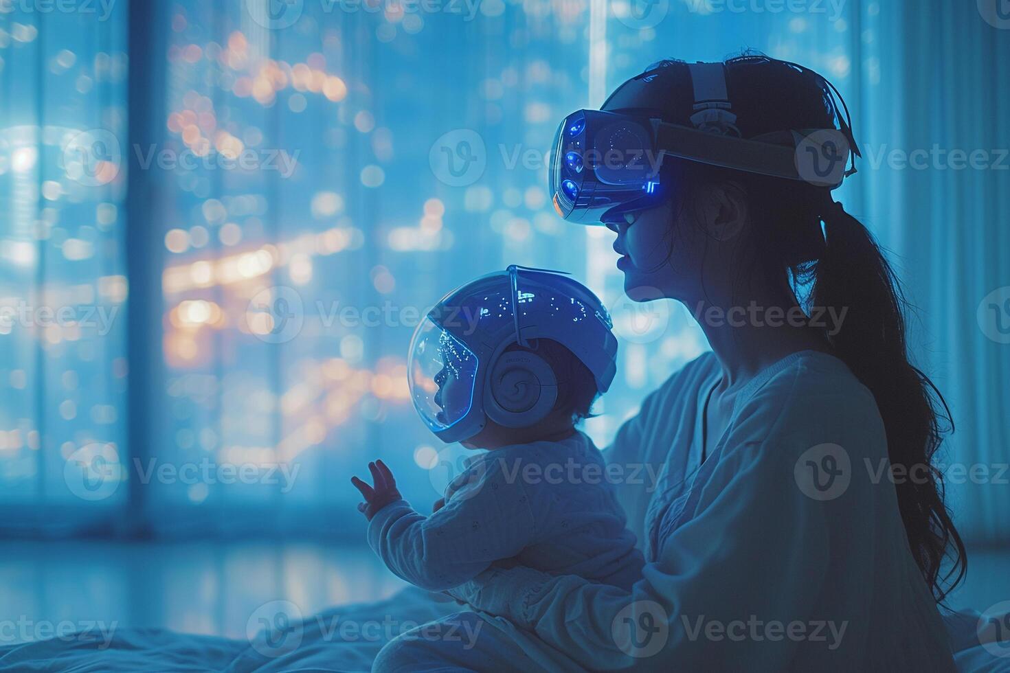 ai generato madre indossa vr occhiali e accuratamente culle sua bambino, illustrazione di artificiale intelligenza foto