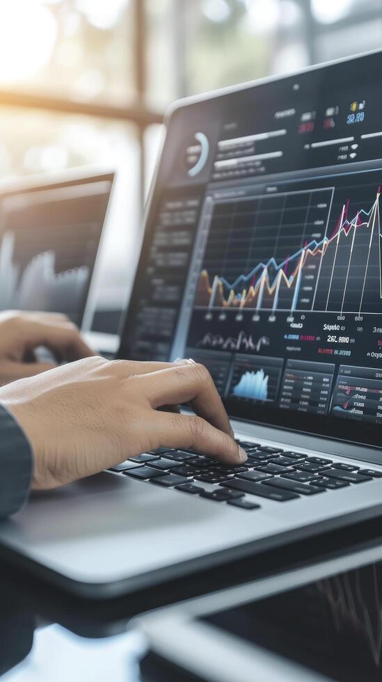 ai generato ritagliata foto di un' uomo d'affari l'esame attività commerciale diagrammi, marketing statistiche, e finanziario mercato grafici su un' il computer portatile tenere sotto controllo nel il ufficio.