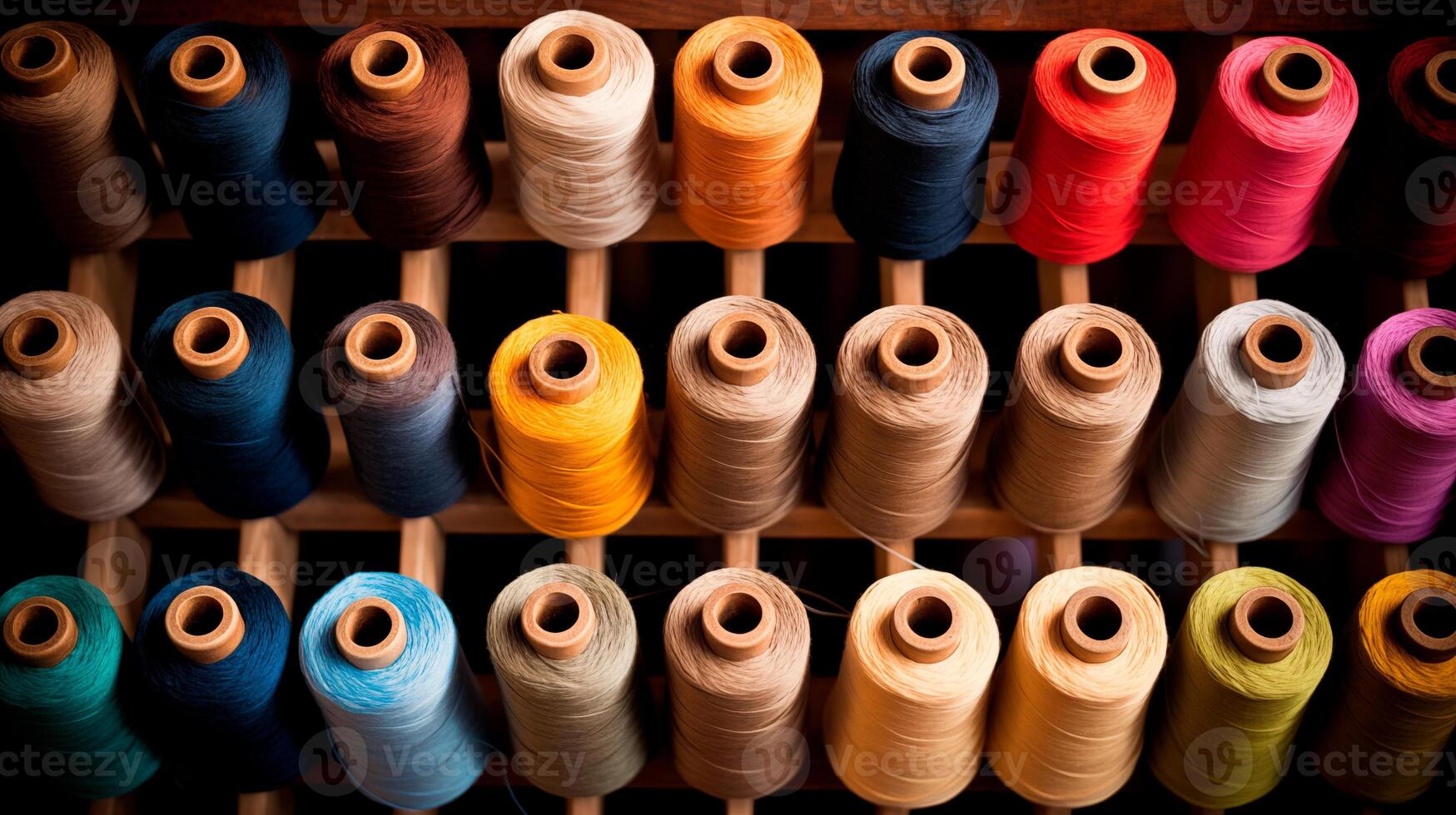 ai generato multicolore filato bobine Usato nel tessile industria. impostato di colorato discussioni per cucire su bobine. mucchio di grande colorato bobine di filo. generativo ai foto