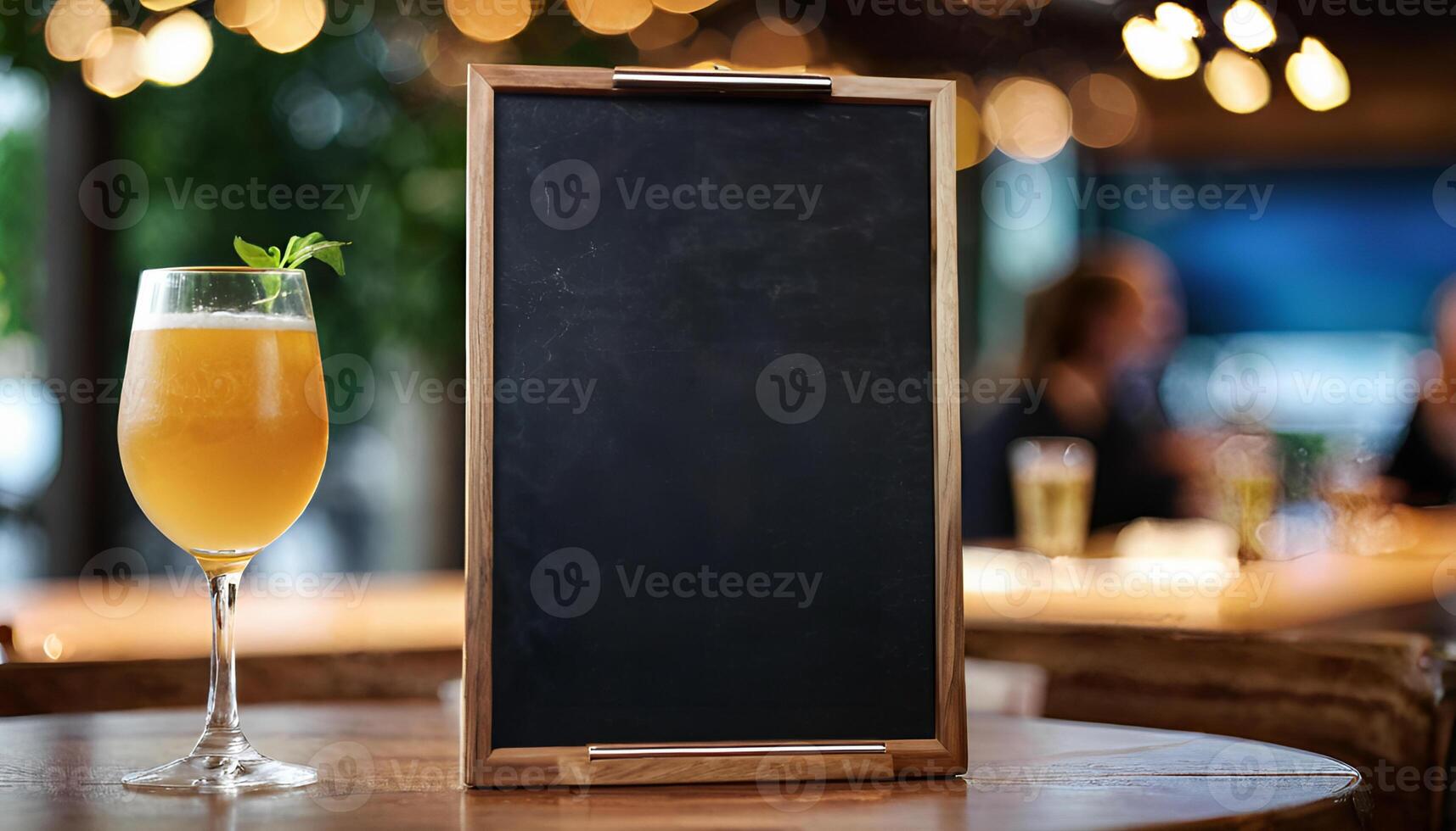 ai generato avvicinamento di un' menù telaio modello con cibo e bevande nel il sfondo., con un' sfocato o bokeh sfondo. foto