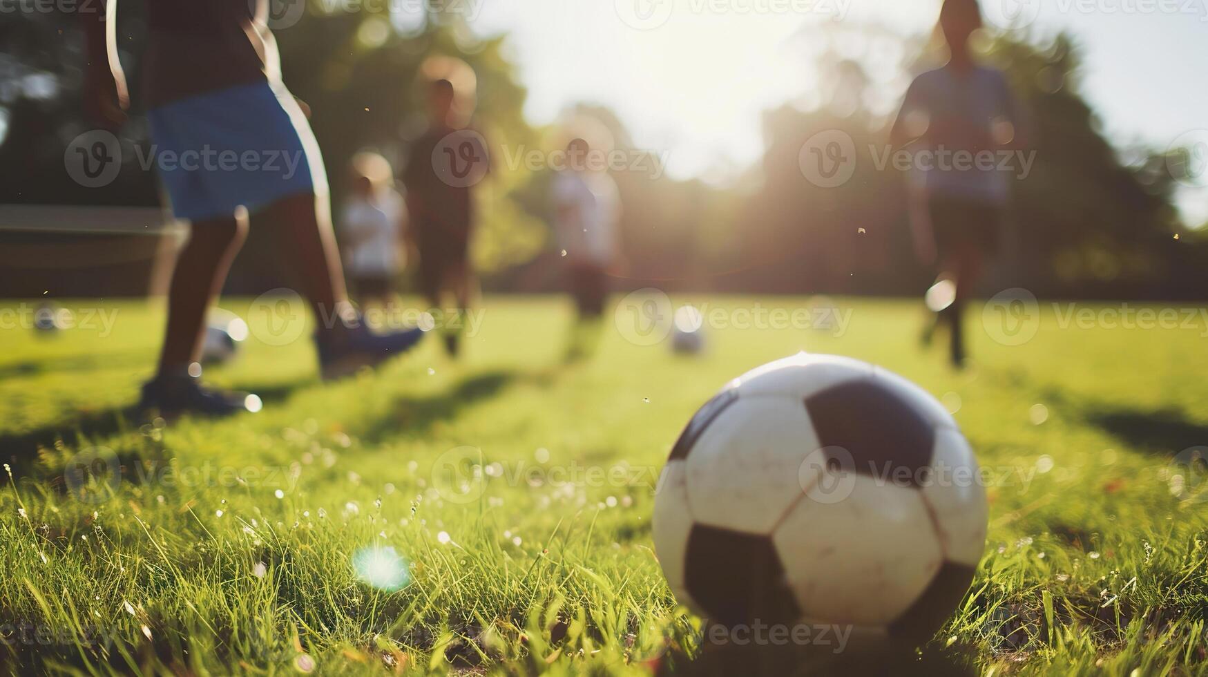 ai generato giovane Giocatori impegnare nel calcio incontro su luminosa verde campo. bambini giocando calcio gioco foto