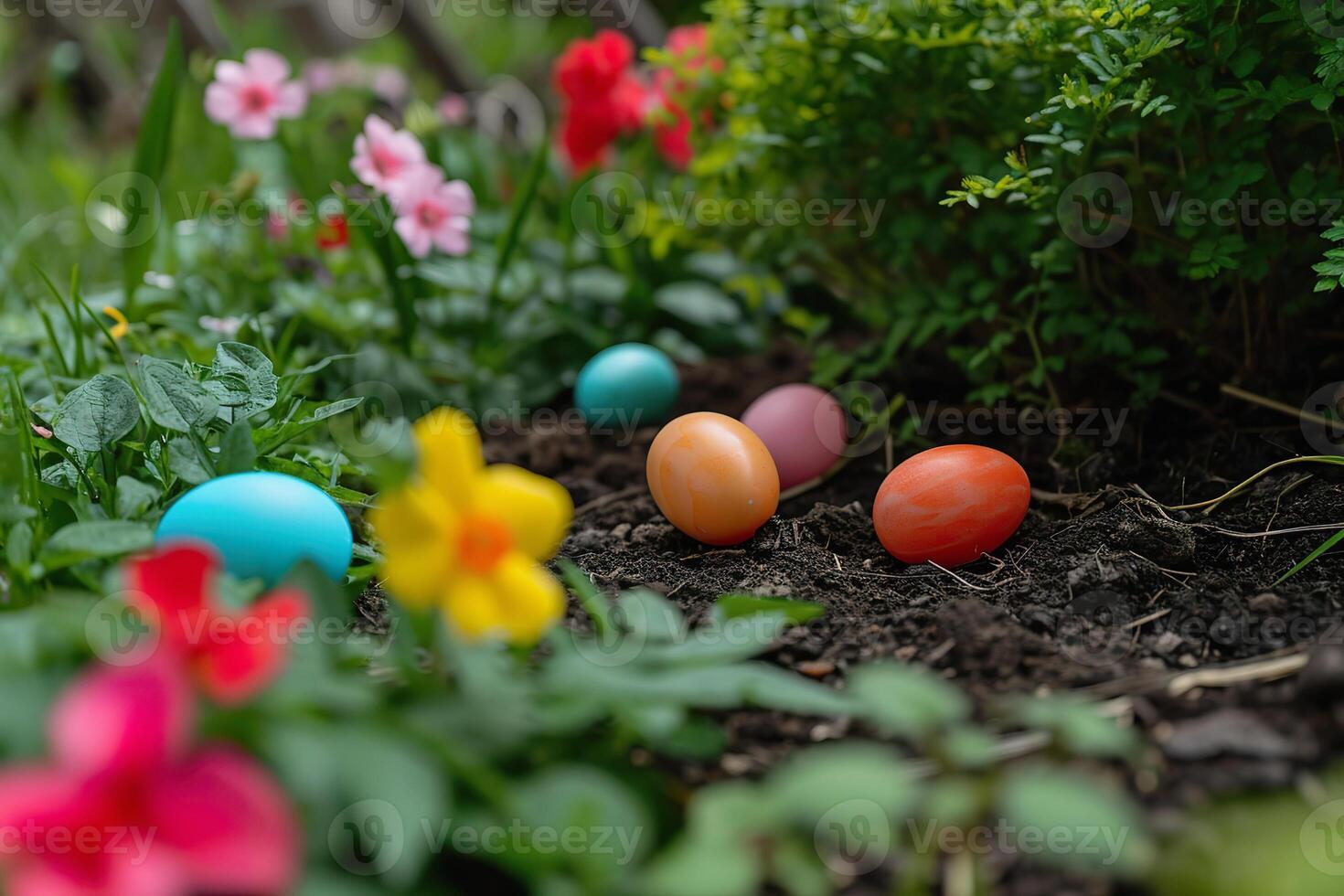 ai generato Pasqua uovo caccia nel primavera giardino con fioritura fiori. Pasqua uova nel cestino foto