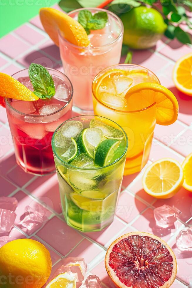 ai generato rinfrescante estate cocktail con frutta fette e ghiaccio foto