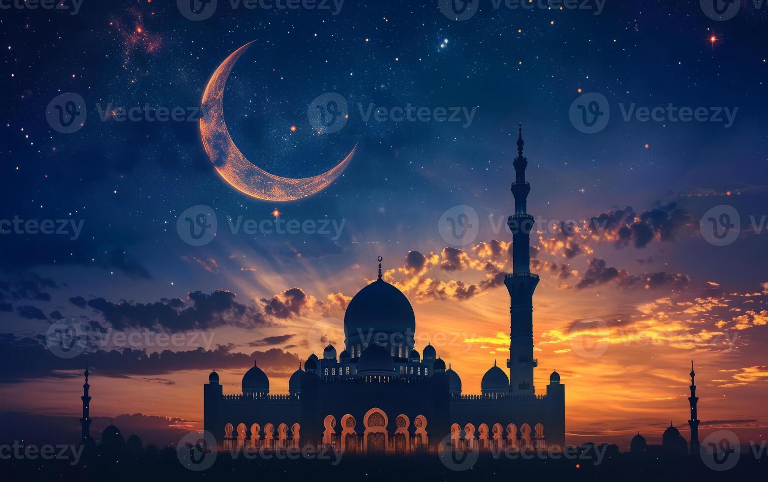 ai generato il silhouette di un' moschea sotto un' notte cielo, stelle scintillio e un' mezzaluna Luna raggiante foto