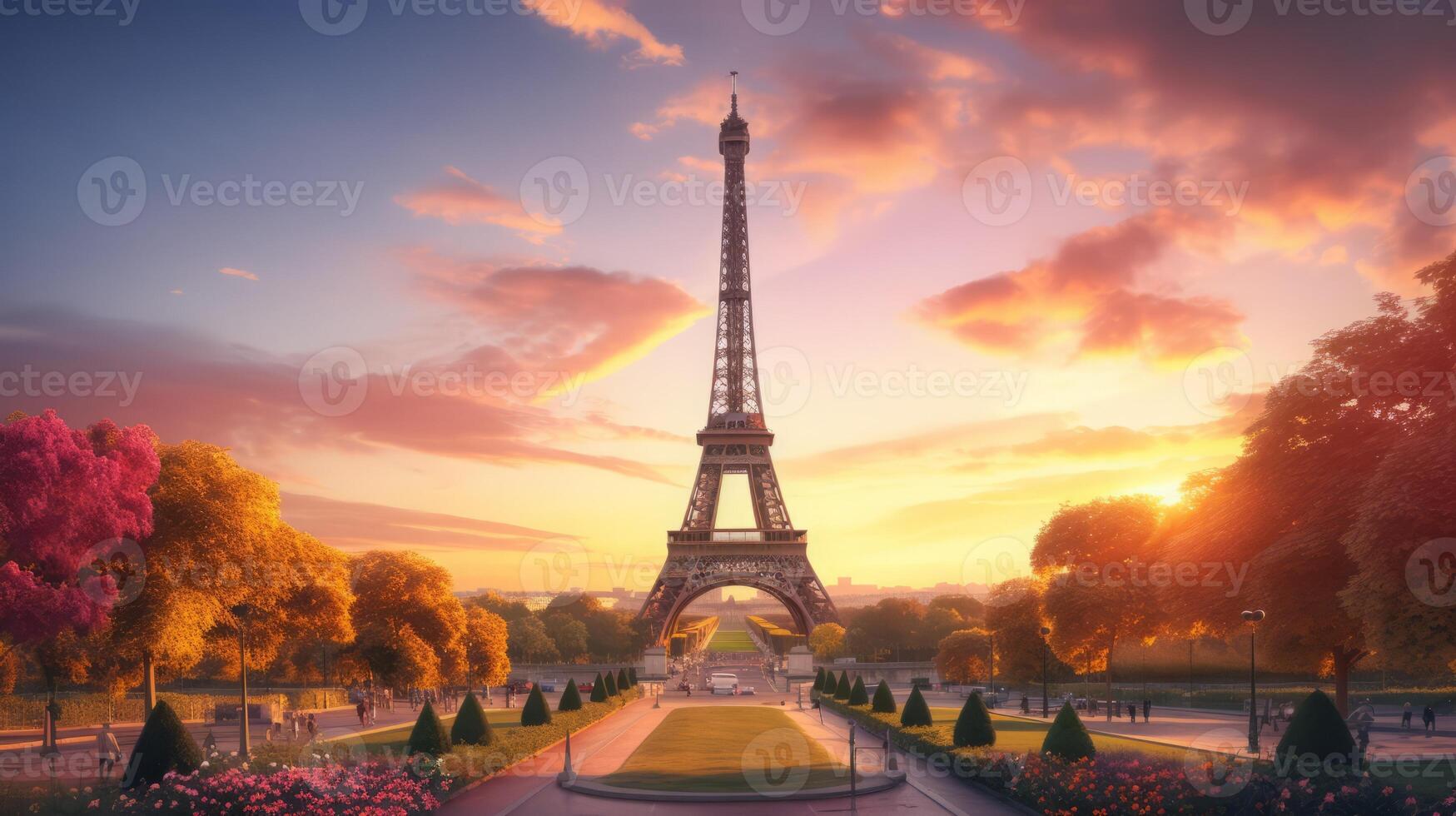 ai generato tramonto con eiffel Torre Visualizza foto