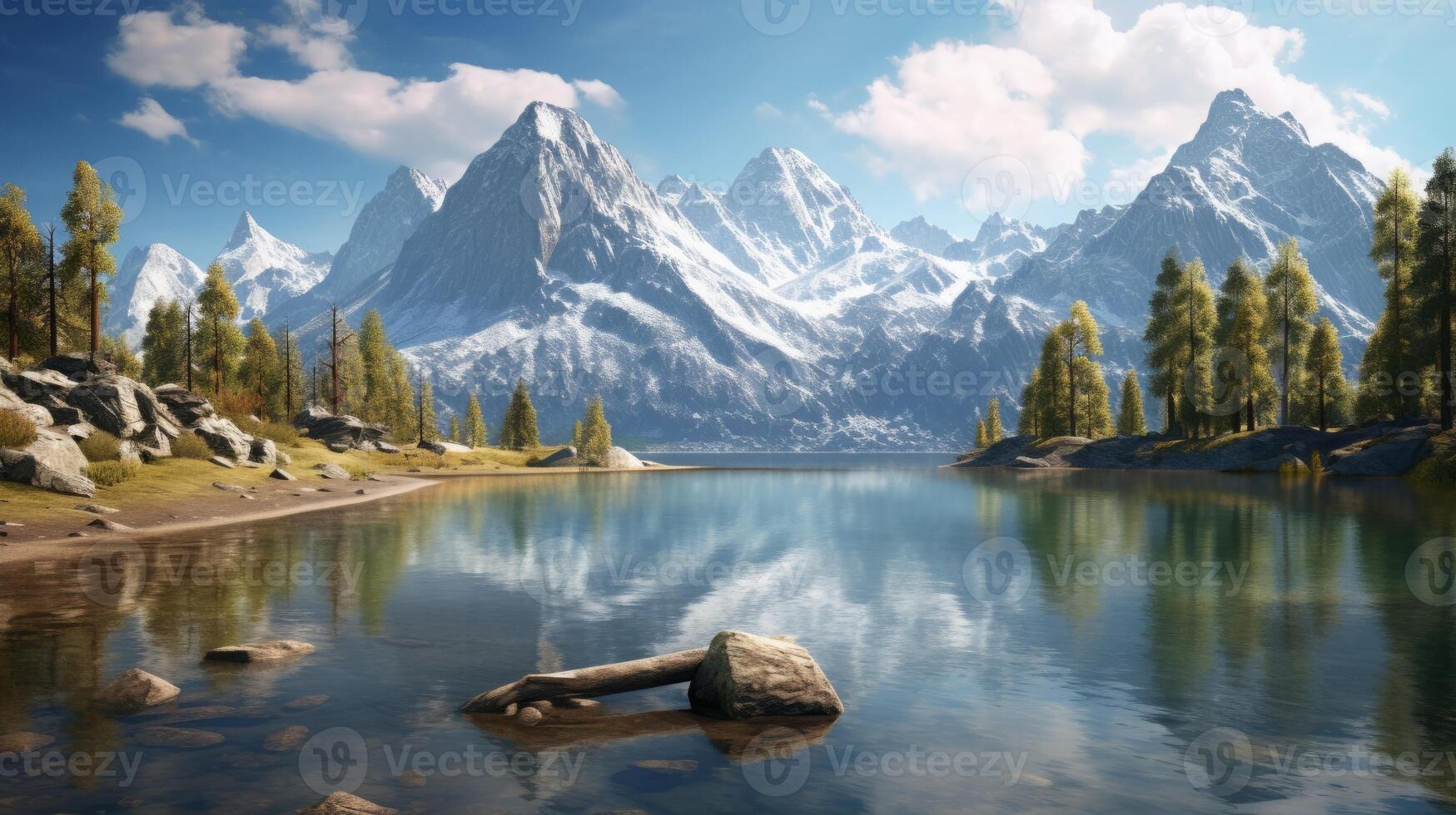 ai generato maestoso montagne riflettendo su calma lago foto