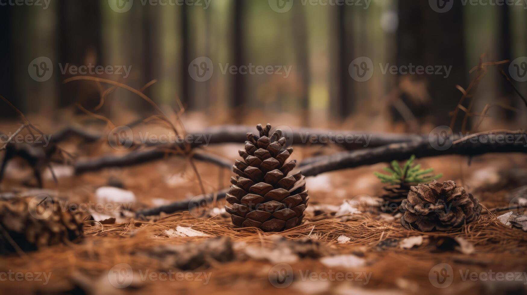 ai generato pino cono in mezzo foresta pavimento nel luce del sole foto