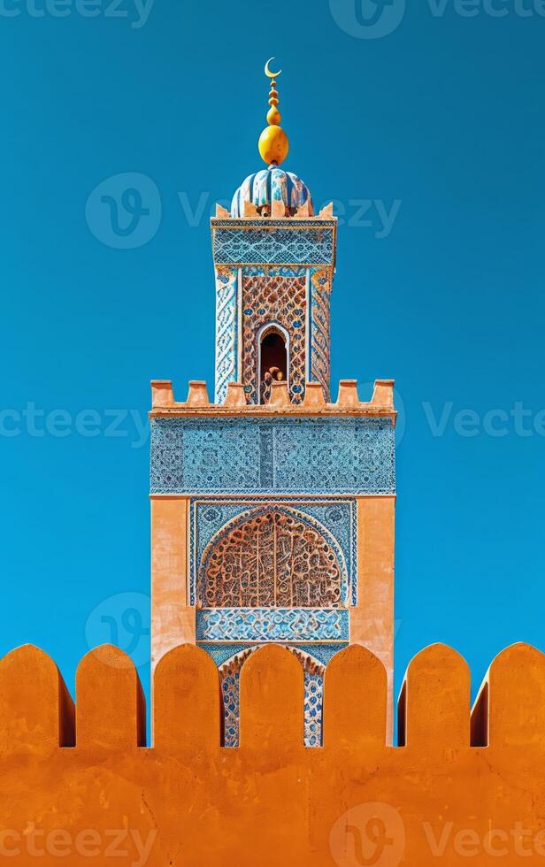 ai generato il complesso disegni di un' minareto Torre siamo prominente contro il fondale di un' chiaro blu cielo foto