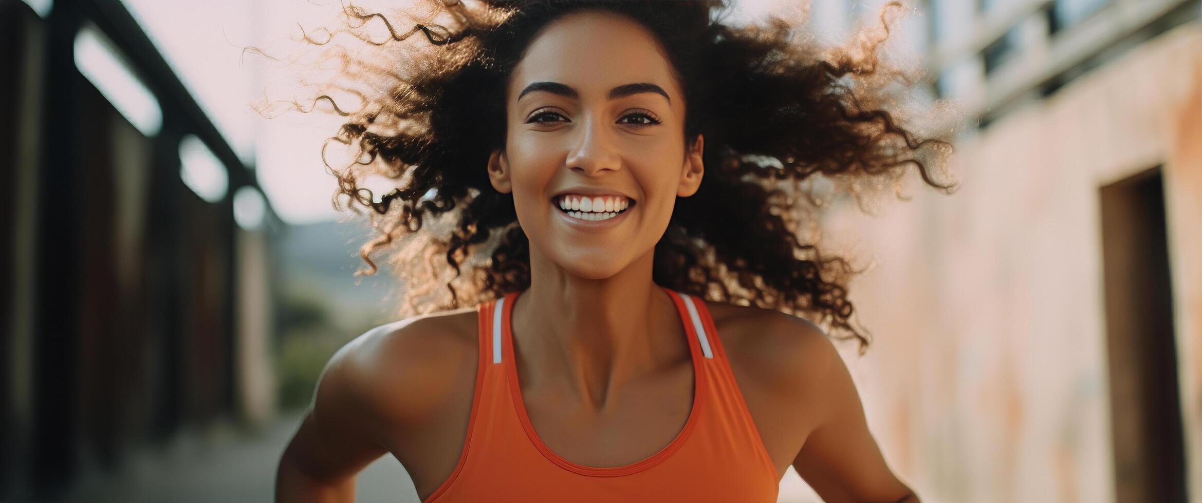 ai generato un attraente giovane donna sorridente come lei corre lontano foto