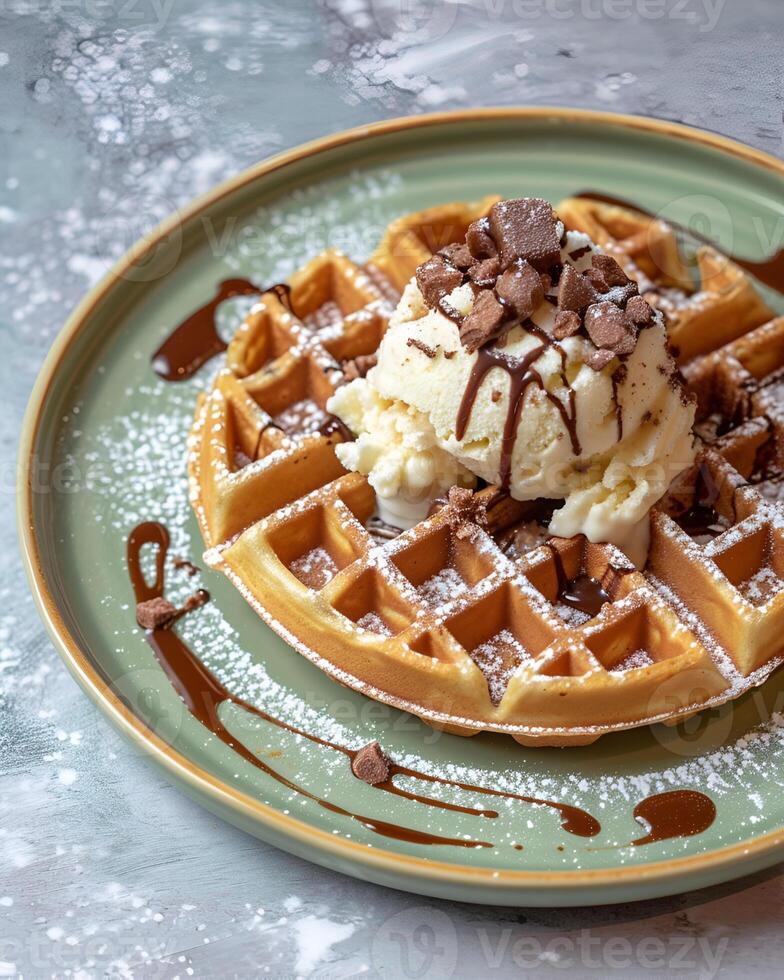 ai generato cialda con ghiaccio crema e cioccolato su superiore su un' leggero verde piatto foto