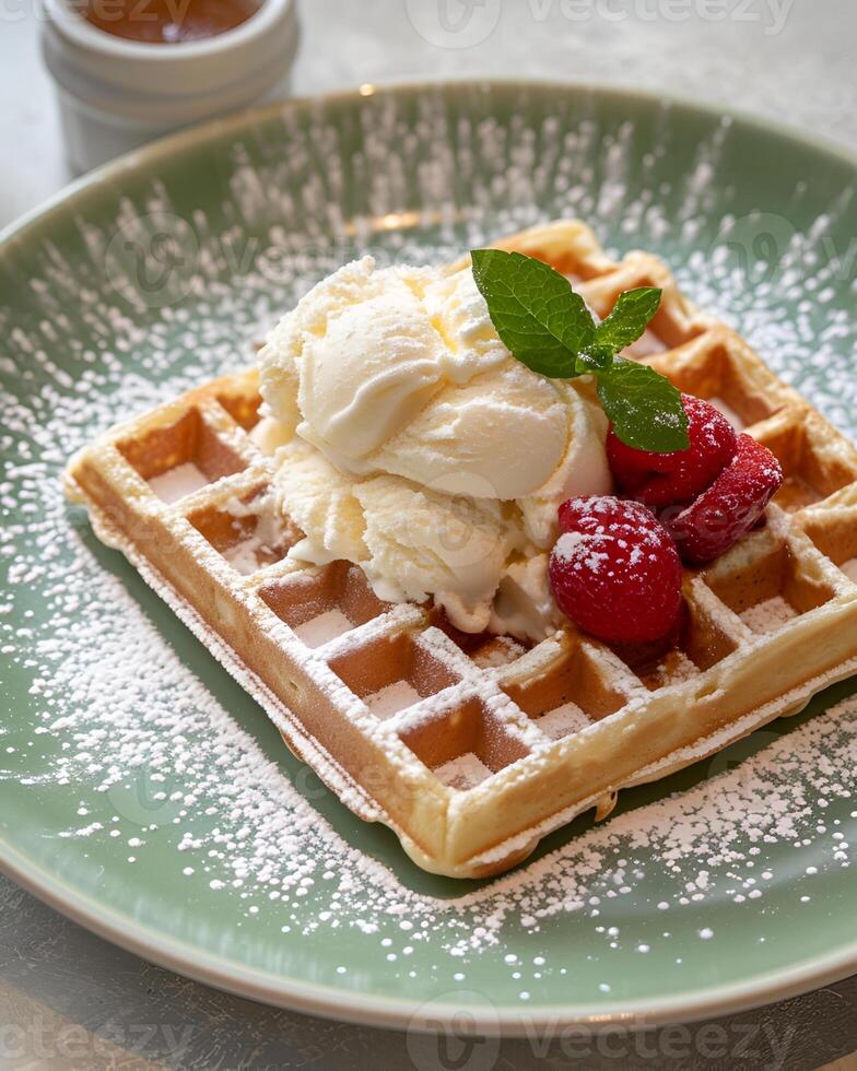 ai generato cialda con ghiaccio crema su superiore e frutti di bosco su un' leggero verde piatto foto