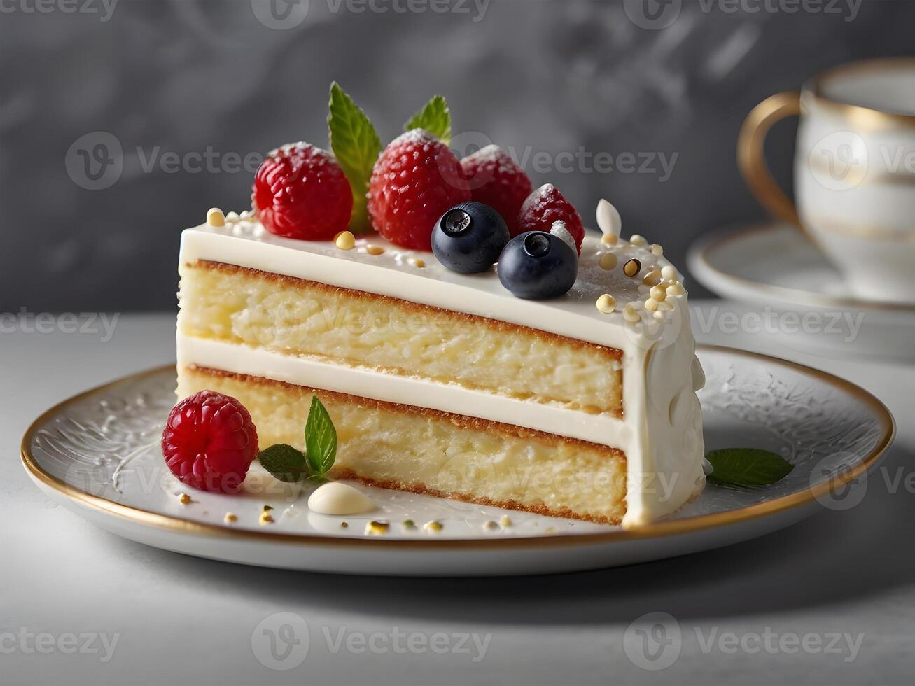 ai generato fetta di stratificato vaniglia torta con frustato crema e fresco frutti di bosco su superiore, su un' grigio tavolo sfondo. meravigliosamente plated dolce ristorante piatto. foto