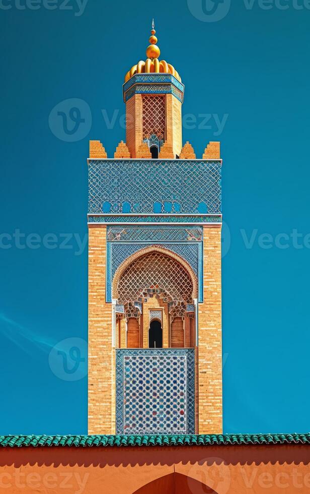 ai generato il ornato disegni di un' minareto Torre In piedi vividamente nel contrasto per un' chiaro blu cielo foto