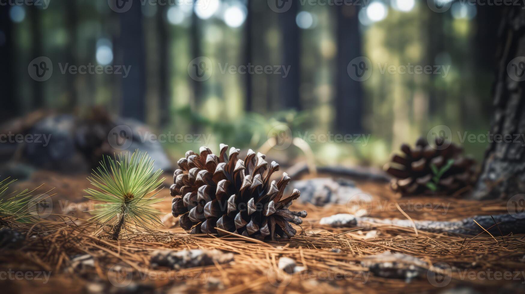 ai generato pino cono in mezzo foresta pavimento nel luce del sole foto