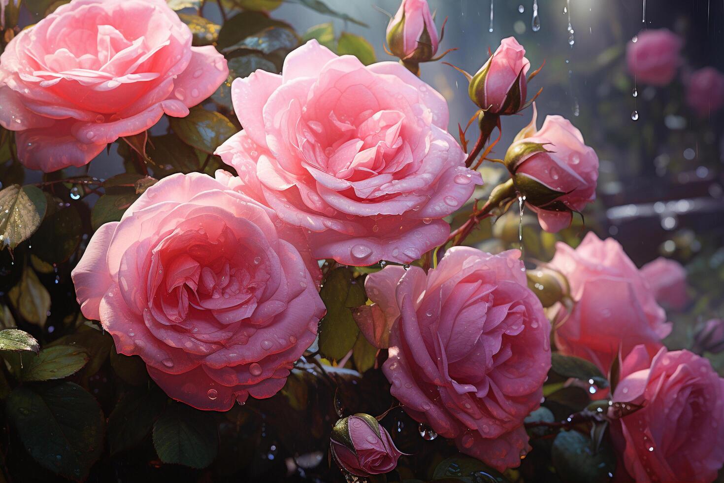 ai generato il incantevole bellezza di dopo il pioggia rosa Rose foto