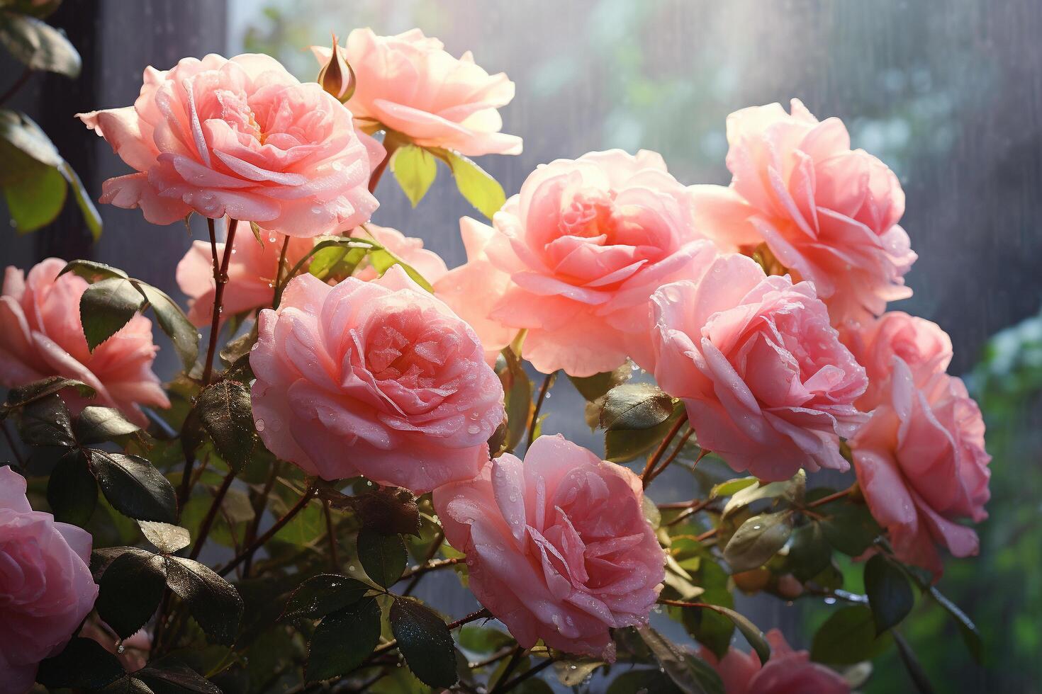 ai generato il incantevole bellezza di dopo il pioggia rosa Rose foto