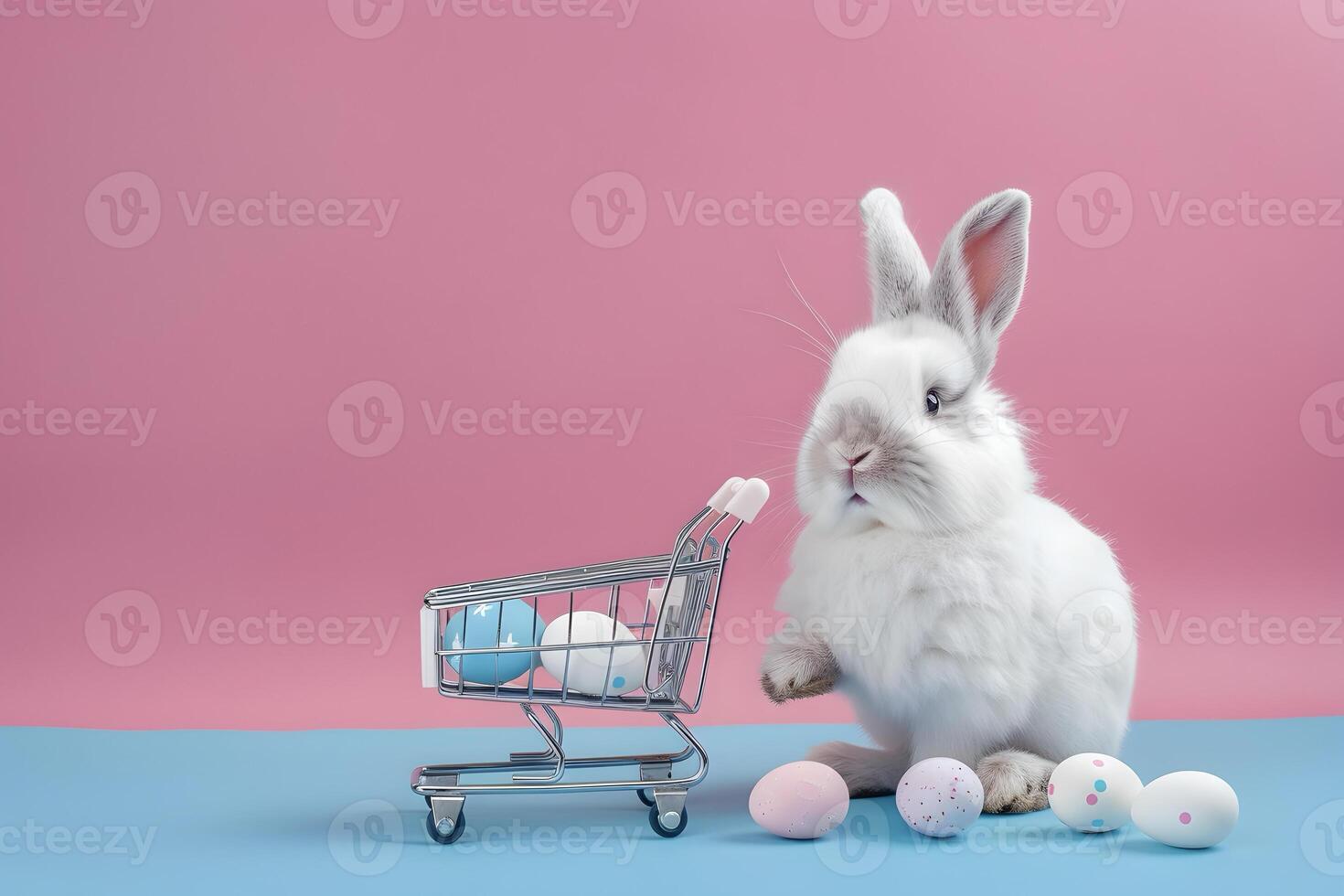 ai generato carino coniglio, colorato dipinto Pasqua uova e un' shopping carrello. concetto di contento Pasqua giorno. foto