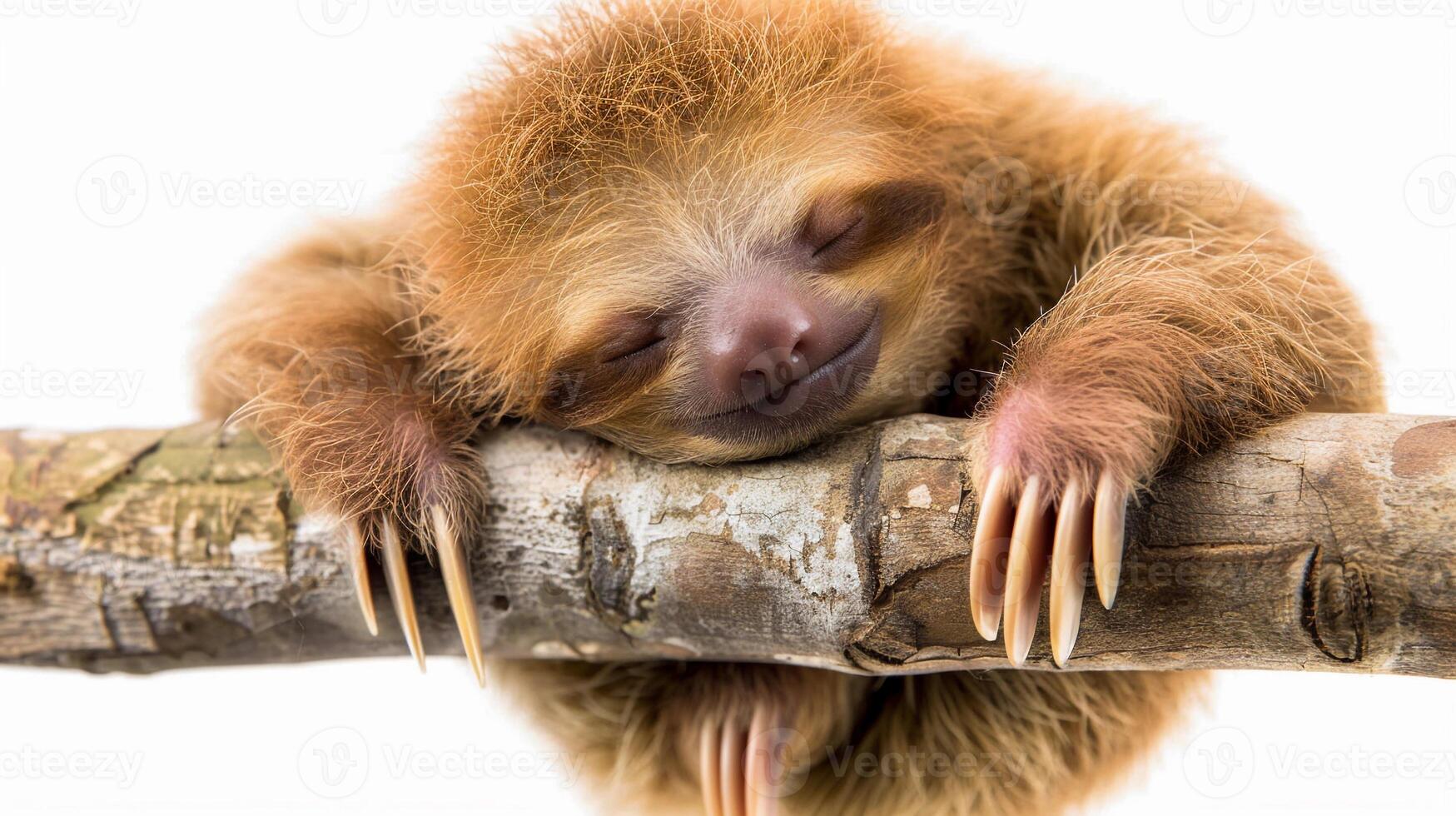 ai generato assonnato pigrizia, un' bambino bradipo attaccamento per un' ramo con suo minuscolo artigli, sfondo Immagine, generativo ai foto