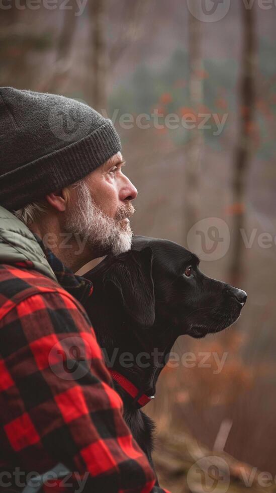 ai generato un' uomo e il suo cane pronto per un all'aperto avventura, con escursioni a piedi Ingranaggio o a piedi Accessori, generativo ai foto