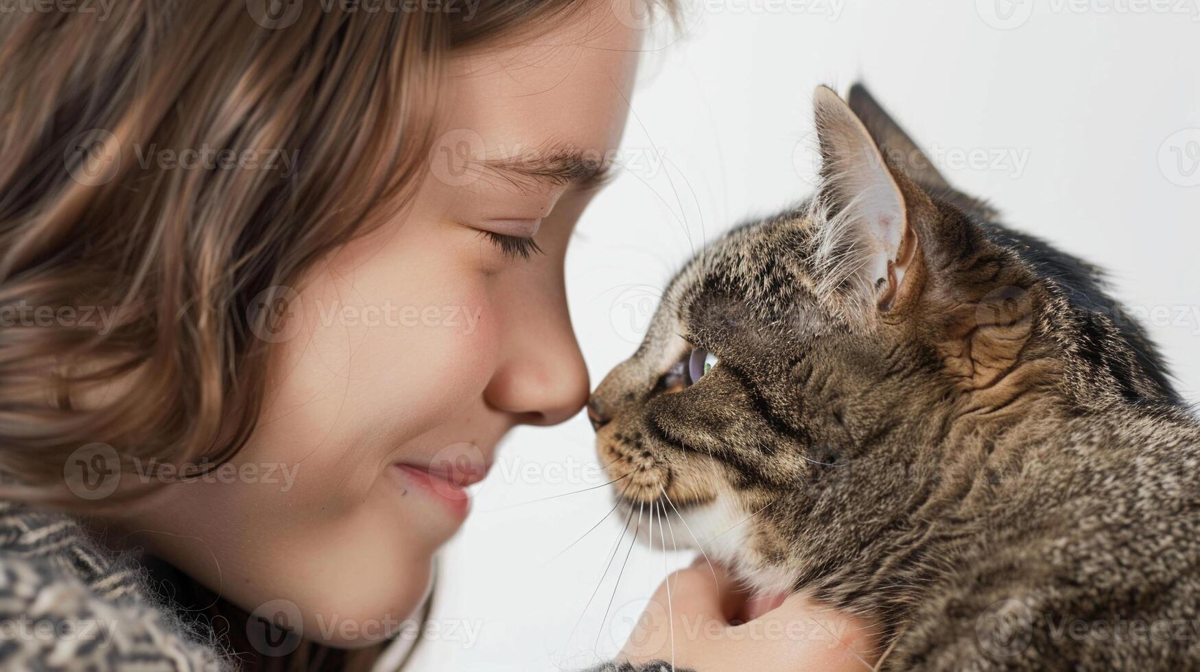 ai generato avvicinamento di il ragazza e sua gatto toccante nasi affettuosamente, con tutti e due guardare direttamente in il telecamera, contro un' pulito bianca sfondo, generativo ai foto