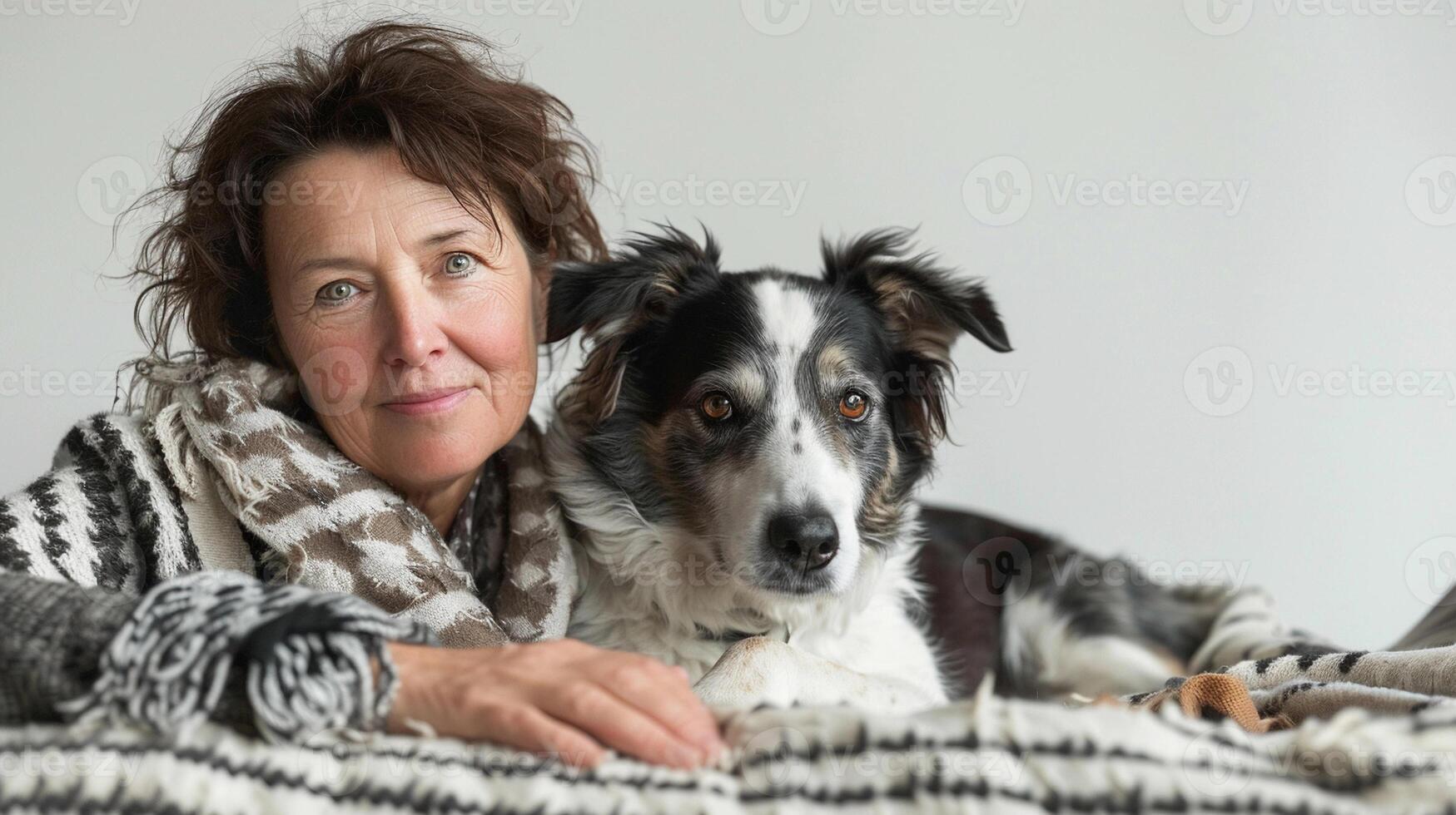 ai generato donna e sua cane oziare insieme su un' confortevole coperta o divano, contro un' pulito bianca sfondo, generativo ai foto