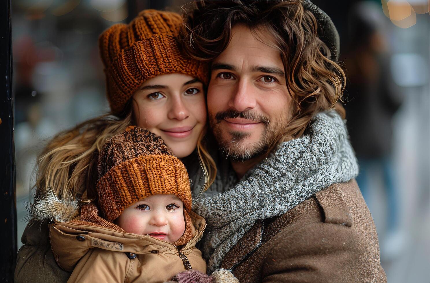 ai generato famiglia sorrisi insieme su un urbano strada, visualizzazione forte facciale espressioni nel Marrone toni foto