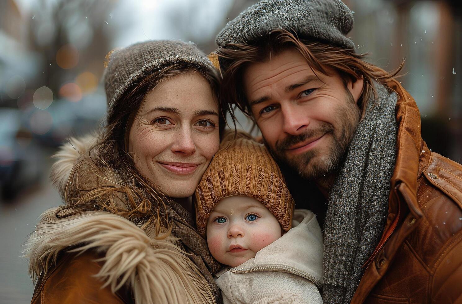 ai generato famiglia sorrisi insieme su un urbano strada, visualizzazione forte facciale espressioni nel Marrone toni foto