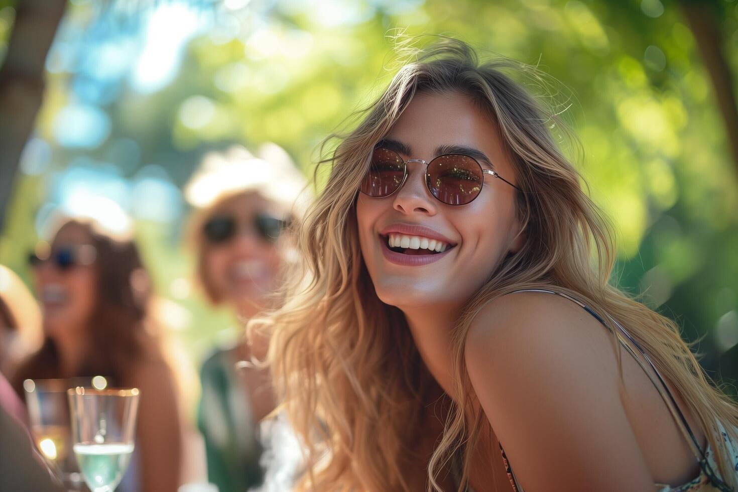 ai generato contento giovane donna con occhiali da sole avendo divertimento con amici foto