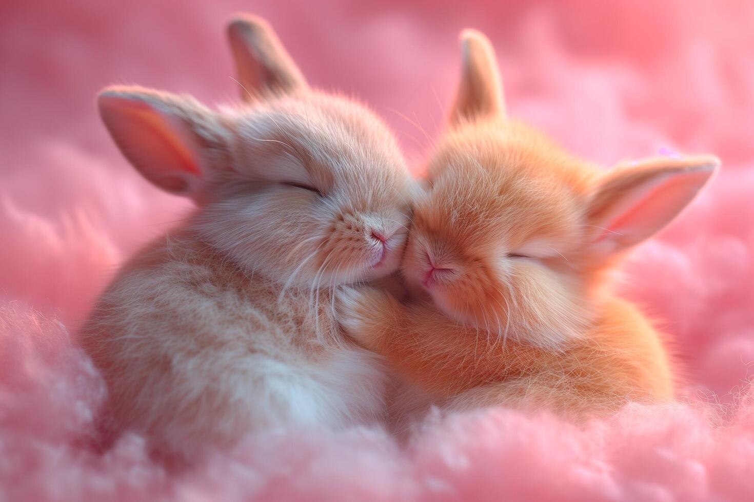 ai generato Due bambino conigli siamo coccole insieme su un' rosa sfondo foto