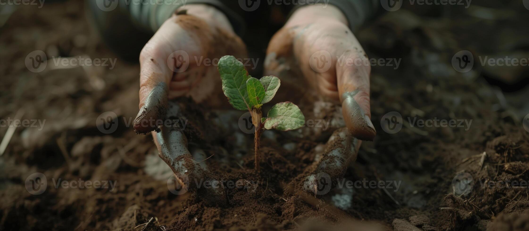 ai generato umano mani proteggere piantina nel suolo. avvicinamento di fresco verde pianta, generativo ai foto