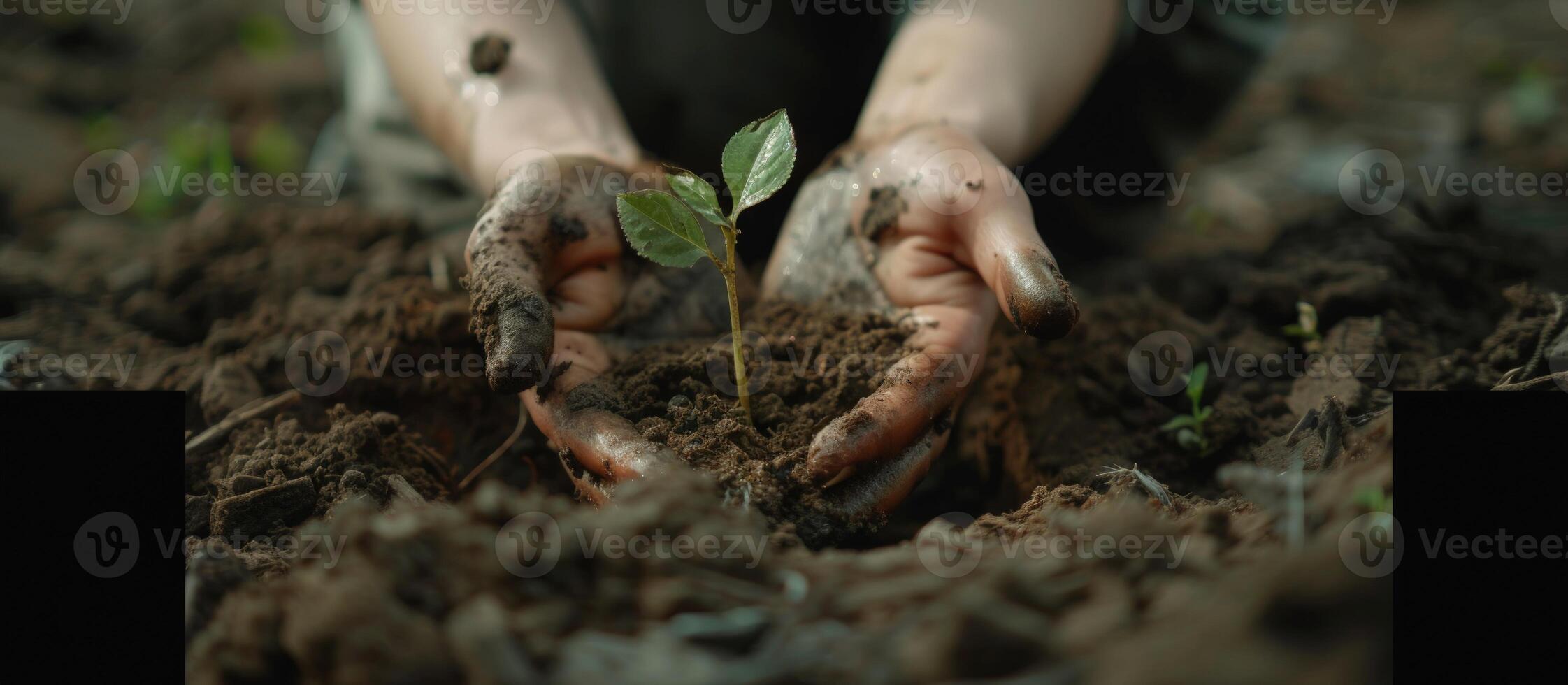 ai generato umano mani proteggere piantina nel suolo, Due mani hold un' piccolo giovane albero con alcuni suolo, terra giorno concetto, generativo ai foto