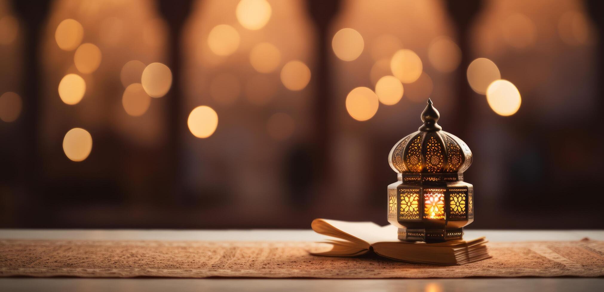 ai generato Corano su il tavolo con lampada leggero foto