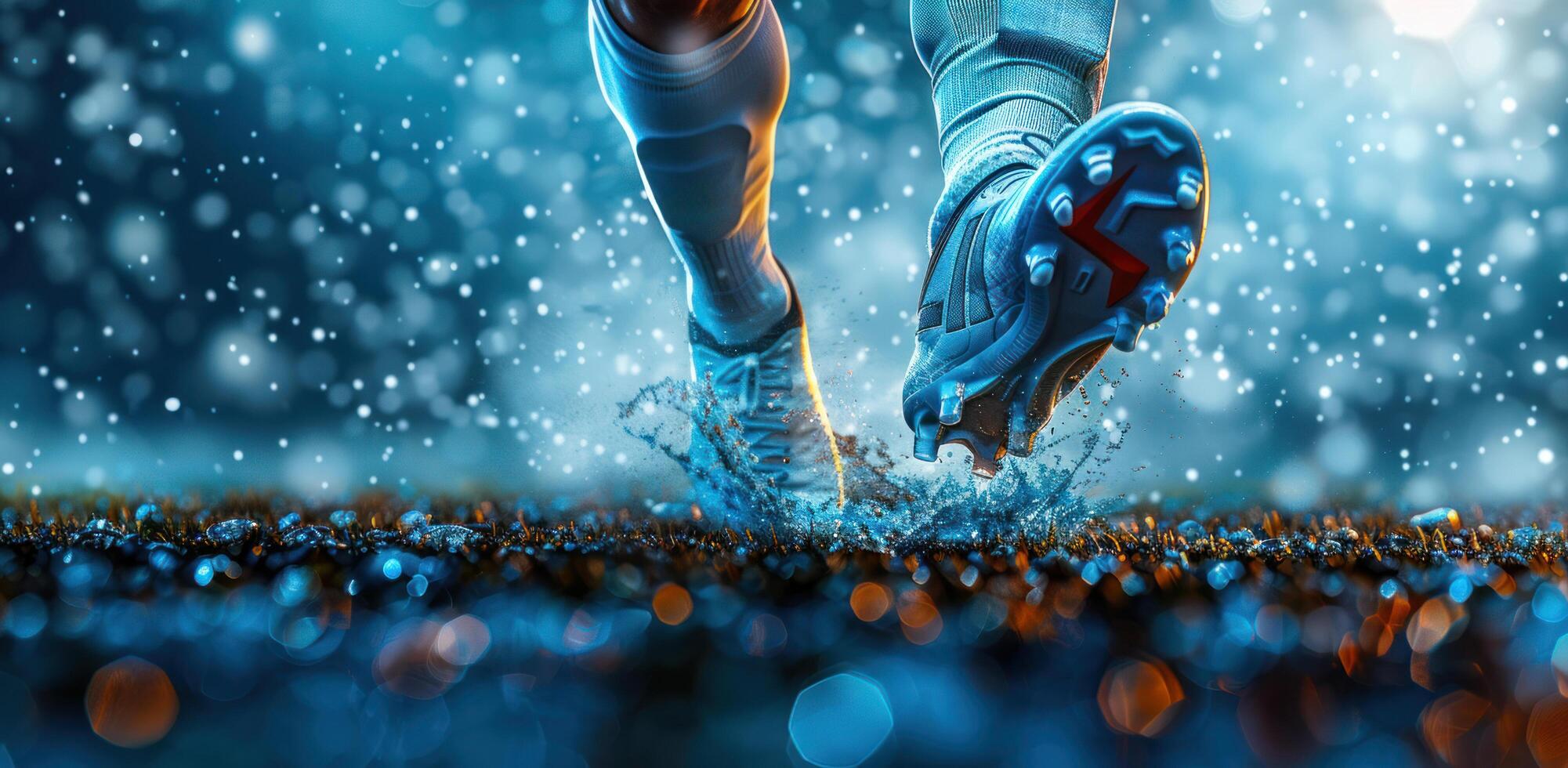 ai generato davanti Visualizza di un' calcio giocatore con scarpe da ginnastica in esecuzione su il campo foto