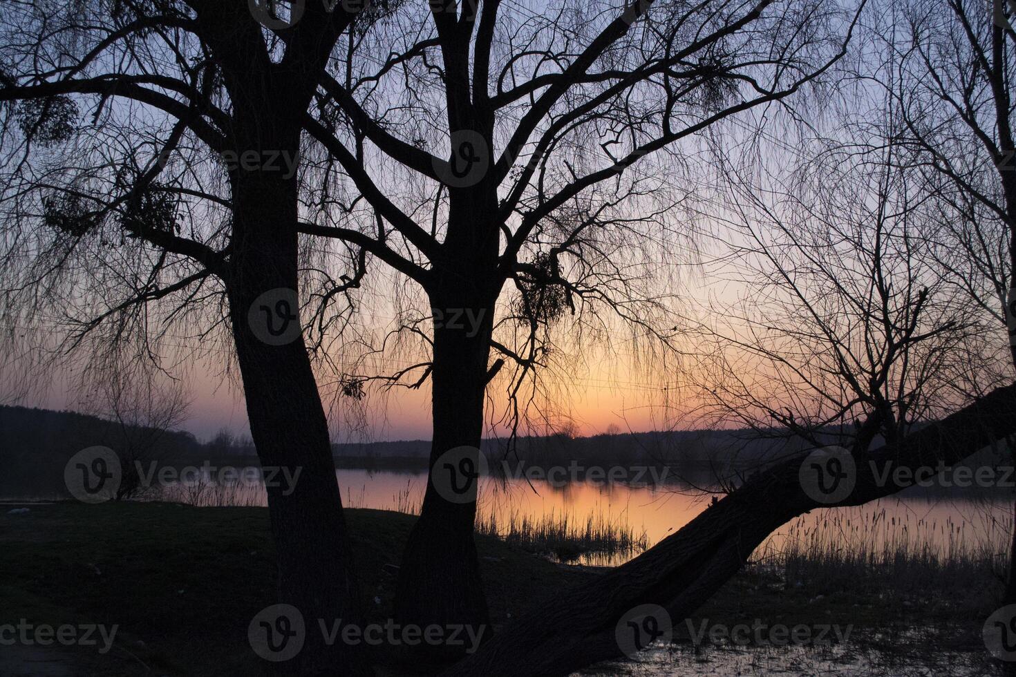 tramonto paesaggio. stagno a tramonto volta. sera colore di cielo. foto