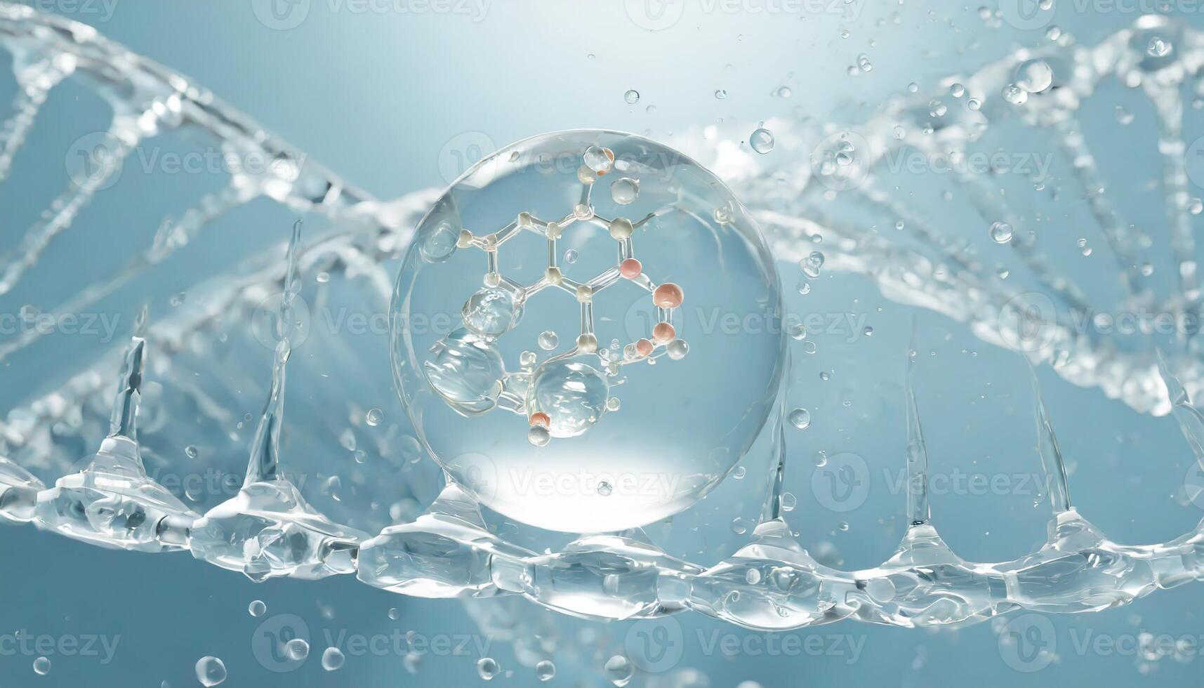 ai generato liquido bolla, un' molecola dentro un' liquido bolla contro un' sfondo di spruzzi acqua dna foto