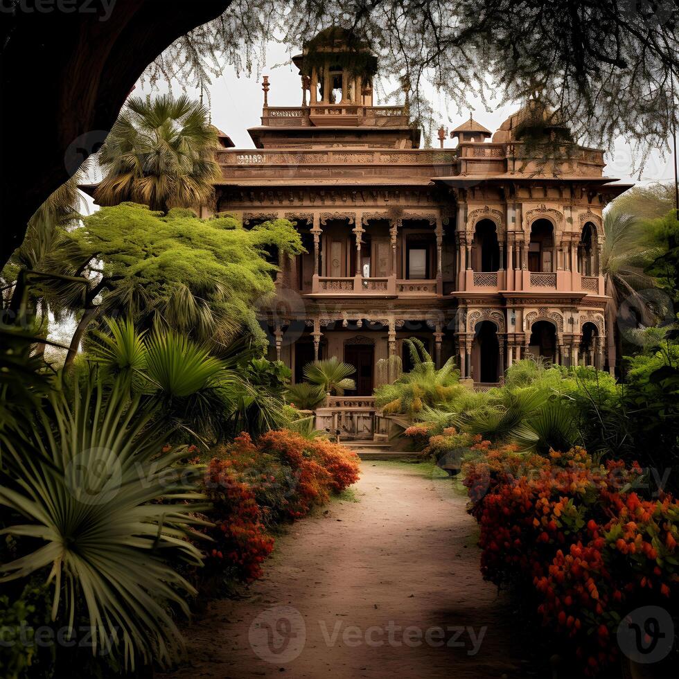 ai generato bellissimo Visualizza di un vecchio zamindar Casa e alcuni verde alberi foto